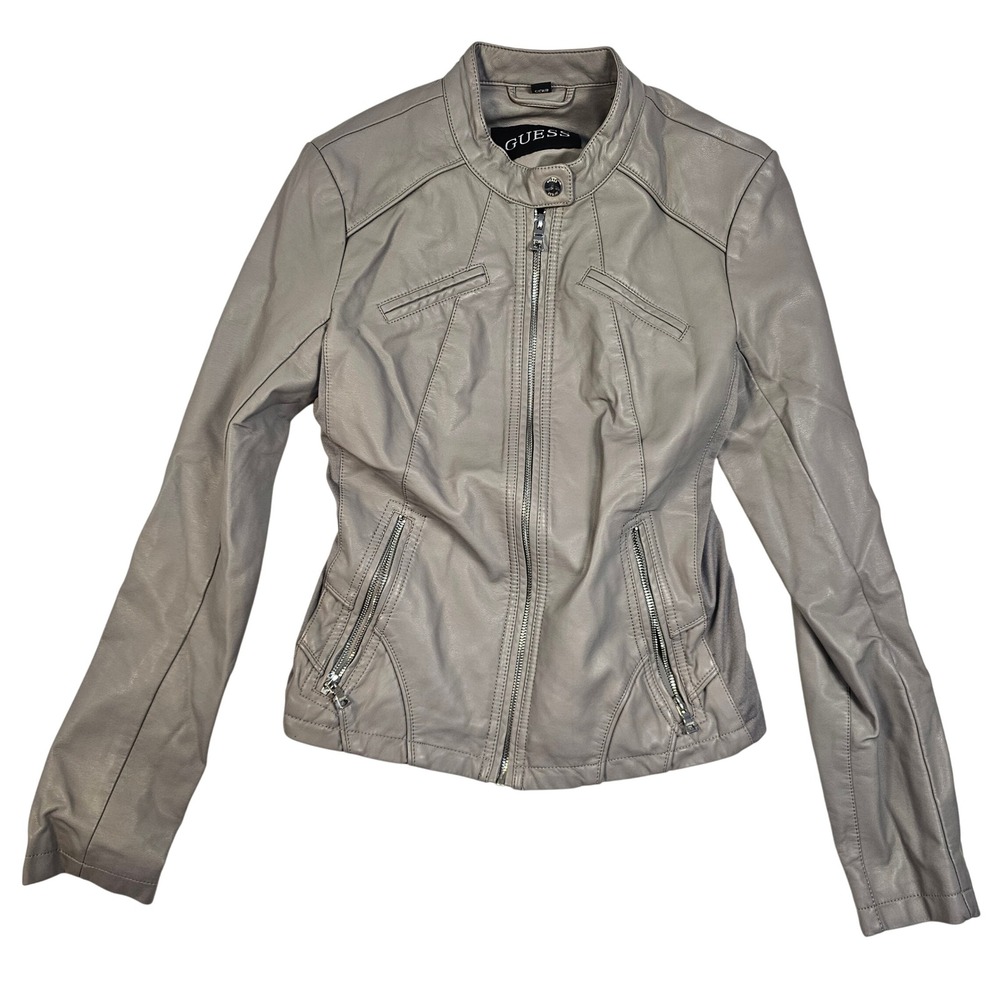 Guess Womens Taupe Gray Faux Leather Moto Jacket Snap Collar Size Small S/CH/P